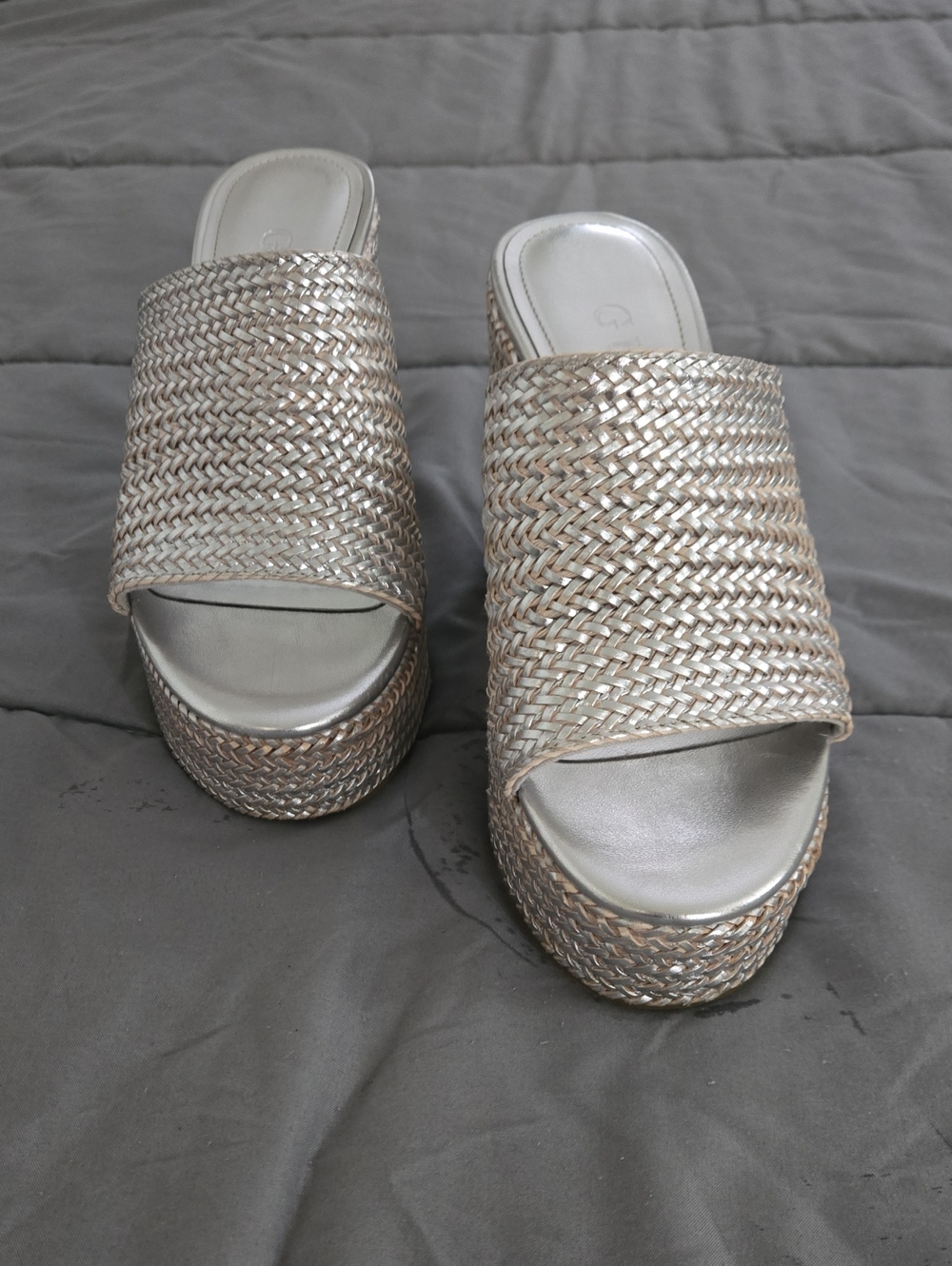 GUESS Woven Metallic Slide Platform Sandals - Silver